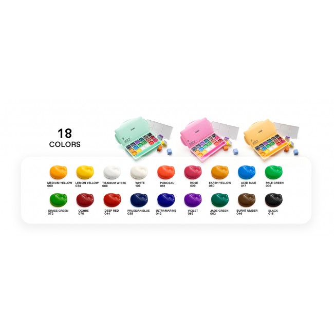 Himi jelly cup gouache σετ 18 χρώματα τέμπερες των 30gr και 3 πινέλα